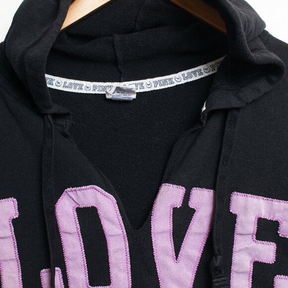 Pink Victorias Secret Hoodie Womens Small Black Love Pink Split Neck Pullover - Picture 3 of 6